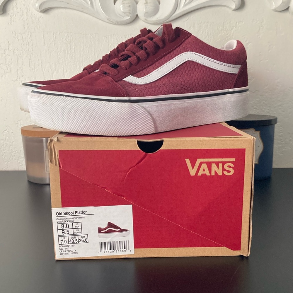 Vans Burgundy and White Old Skool Platform Sneakers